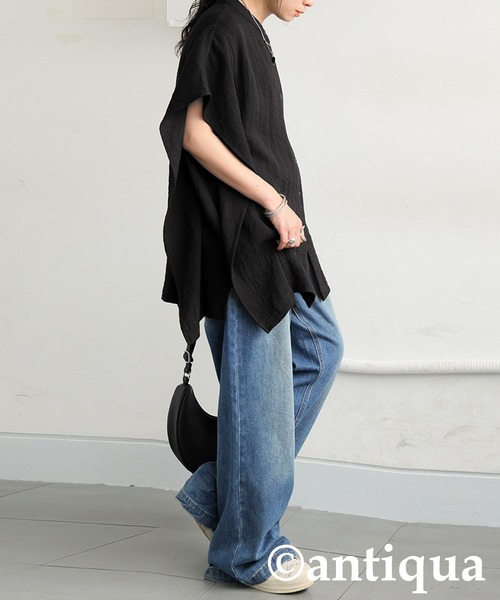 antiqua(アンティカ)の「リネンタッチトップス(シャツ/ブラウス・レディース・ナチュラル/ブラック・ONESIZE)」の5枚目の写真