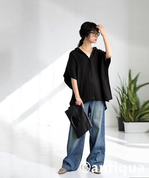 antiqua(アンティカ)の「リネンタッチトップス(シャツ/ブラウス・レディース・ナチュラル/ブラック・ONESIZE)」の6枚目の写真