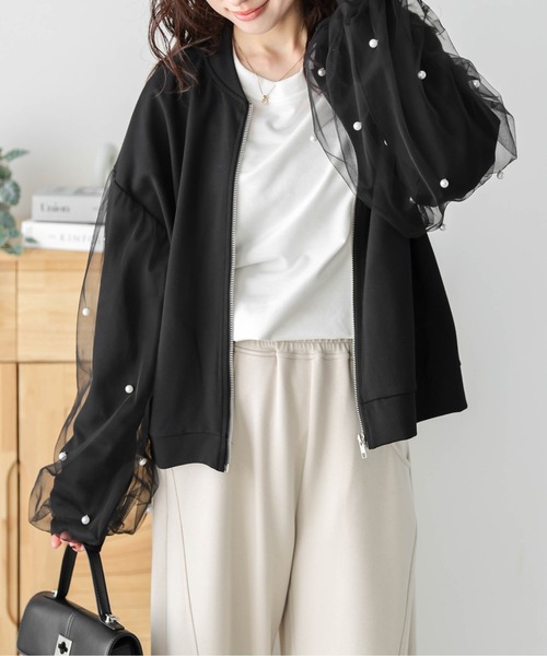 Lajour（ラジュール）の「日本製チュールスリーブブルゾン（ブルゾン・レディース・ブラック/ベージュ・フリー）」の9枚目の写真