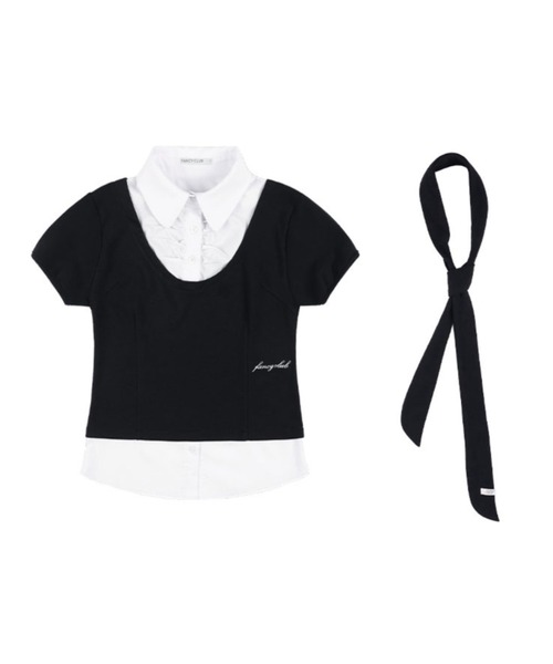 FANCY CLUB（ファンシークラブ）の「【FANCY CLUB】PREPPY RIBBON TIE SHIRT / 【ファンシークラブ】プレッピーリボンタイレイヤード半袖シャツ（シャツ/ブラウス・レディース・ホワイト×ブラック・ONE SIZE）」の8枚目の写真