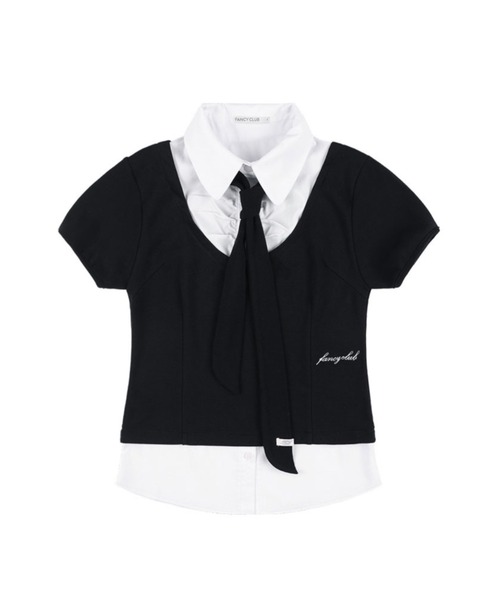 FANCY CLUB（ファンシークラブ）の「【FANCY CLUB】PREPPY RIBBON TIE SHIRT / 【ファンシークラブ】プレッピーリボンタイレイヤード半袖シャツ（シャツ/ブラウス・レディース・ホワイト×ブラック・ONE SIZE）」の9枚目の写真