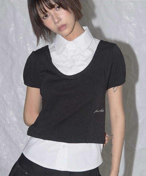 FANCY CLUB（ファンシークラブ）の「【FANCY CLUB】PREPPY RIBBON TIE SHIRT / 【ファンシークラブ】プレッピーリボンタイレイヤード半袖シャツ（シャツ/ブラウス・レディース・ホワイト×ブラック・ONE SIZE）」の4枚目の写真