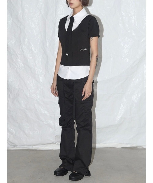 FANCY CLUB（ファンシークラブ）の「【FANCY CLUB】PREPPY RIBBON TIE SHIRT / 【ファンシークラブ】プレッピーリボンタイレイヤード半袖シャツ（シャツ/ブラウス・レディース・ホワイト×ブラック・ONE SIZE）」の6枚目の写真