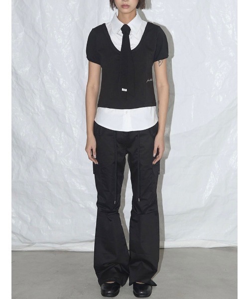 FANCY CLUB（ファンシークラブ）の「【FANCY CLUB】PREPPY RIBBON TIE SHIRT / 【ファンシークラブ】プレッピーリボンタイレイヤード半袖シャツ（シャツ/ブラウス・レディース・ホワイト×ブラック・ONE SIZE）」の5枚目の写真