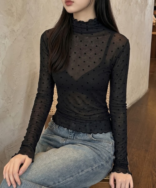 HOOK(フック)の「【HOOK】for girls ドット柄ハイネックシアートップス(Tシャツ/カットソー・レディース・ブラック/ホワイト・FREE)」の2枚目の写真