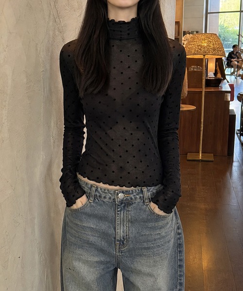 HOOK(フック)の「【HOOK】for girls ドット柄ハイネックシアートップス(Tシャツ/カットソー・レディース・ブラック/ホワイト・FREE)」の22枚目の写真