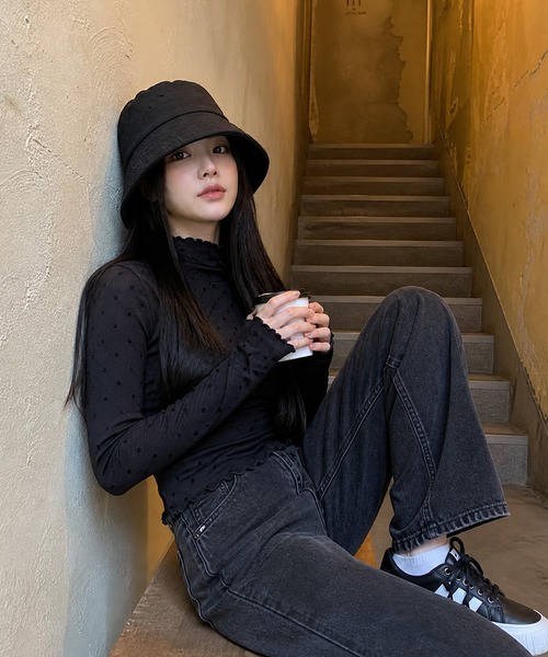 HOOK(フック)の「【HOOK】for girls ドット柄ハイネックシアートップス(Tシャツ/カットソー・レディース・ブラック/ホワイト・FREE)」の21枚目の写真