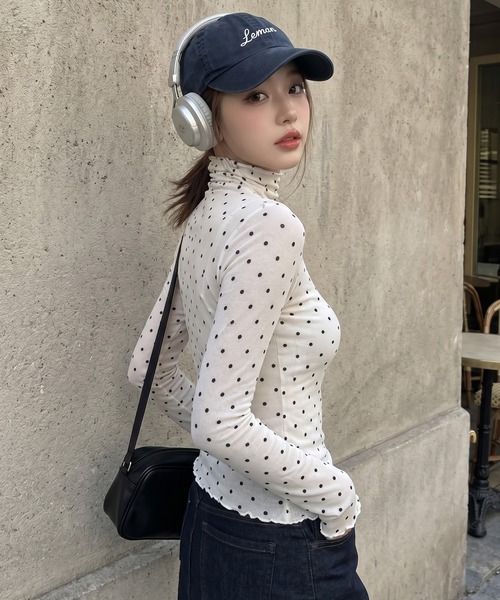 HOOK(フック)の「【HOOK】for girls ドット柄ハイネックシアートップス(Tシャツ/カットソー・レディース・ブラック/ホワイト・FREE)」の16枚目の写真