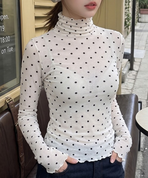 HOOK(フック)の「【HOOK】for girls ドット柄ハイネックシアートップス(Tシャツ/カットソー・レディース・ブラック/ホワイト・FREE)」の11枚目の写真