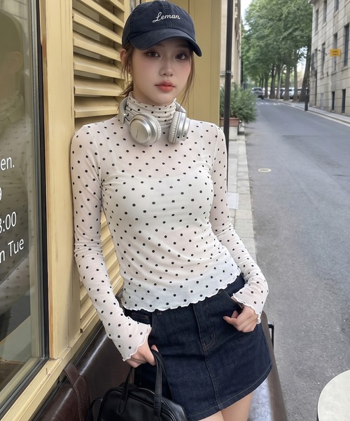 HOOK(フック)の「【HOOK】for girls ドット柄ハイネックシアートップス(Tシャツ/カットソー・レディース・ブラック/ホワイト・FREE)」の10枚目の写真