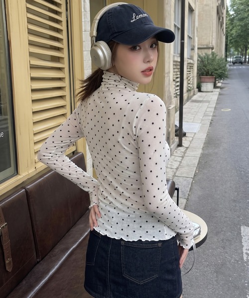 HOOK(フック)の「【HOOK】for girls ドット柄ハイネックシアートップス(Tシャツ/カットソー・レディース・ブラック/ホワイト・FREE)」の9枚目の写真