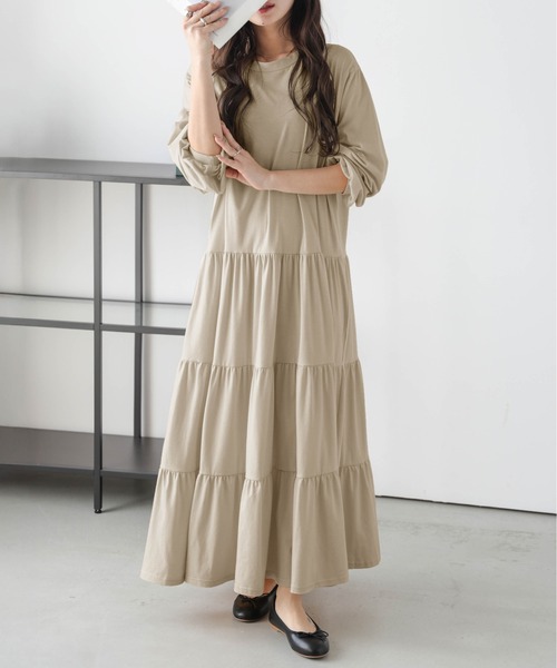☆【美品】ゆみ@３匹の保護猫ハハフランス製 EGERIE ロングワンピース セール】ギャザーロングワンピース 290356（ワンピース