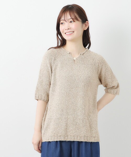 LAURA ASHLEY(ローラアシュレイ)の「【限定店舗展開/日本製/ワンマイルウエア】シルクネップ混 半袖プルオーバー(ニット/セーター・レディース・グレー/ベージュ・38)」の1枚目の写真