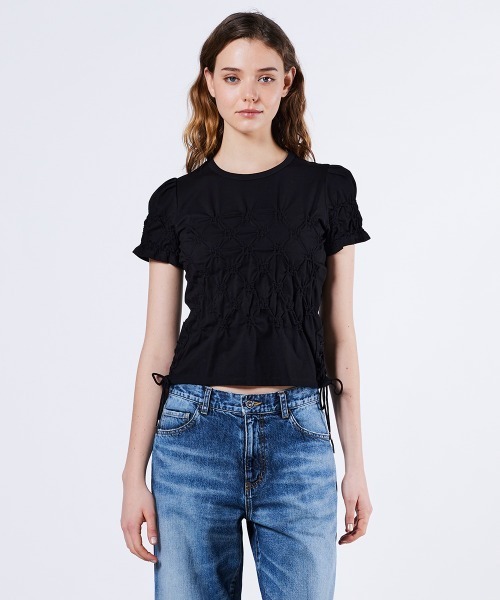 新品タグ付DOUBLE STANDARD CLOTHINGフリルブラックTシャツ セール】DSシボ刺繍天竺シャツ（Tシャツ/カットソー）｜DOUBLE