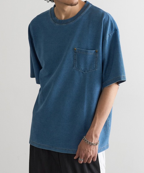MAGASIN DE MODE Brew(マガジンデモードブリュー)の「【MAGASIN DE MODE Brew】NSカットデニムポケット付Tシャツ MNY(Tシャツ/カットソー・メンズ・ブルー/ブラック・M/L/2L)」の2枚目の写真