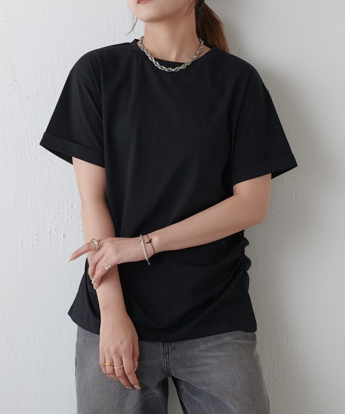 Lui's（ルイス）の「袖ロール半袖Tシャツ（Tシャツ/カットソー・レディース・ブラック/ホワイト/ライトグレー/ミント・FREE）」の5枚目の写真