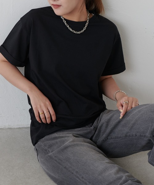 Lui's（ルイス）の「袖ロール半袖Tシャツ（Tシャツ/カットソー・レディース・ブラック/ホワイト/ライトグレー/ミント・FREE）」の10枚目の写真