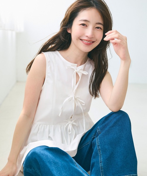 coca(coca)(コカ)の「ノースリーブリボンブラウス(シャツ/ブラウス・レディース・ホワイト/ブラウン・M/L)」の4枚目の写真
