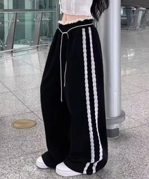 韓国風 サイドレースラインスウェットパンツ イージーパンツ ウエストゴム&紐付き