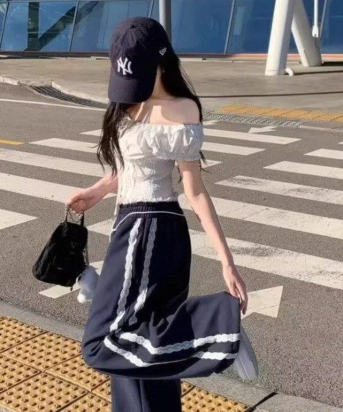 Teem Store（チームストア）の「韓国風 サイドレースラインスウェットパンツ イージーパンツ ウエストゴム＆紐付き（スウェットパンツ・レディース・ネイビー/グレー/ブラック・M/L）」の10枚目の写真