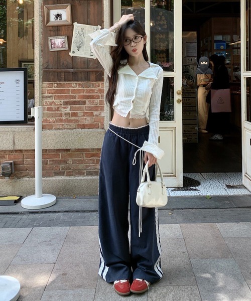 Teem Store（チームストア）の「韓国風 サイドレースラインスウェットパンツ イージーパンツ ウエストゴム＆紐付き（スウェットパンツ・レディース・ネイビー/グレー/ブラック・M/L）」の12枚目の写真