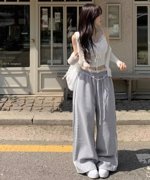 Teem Store（チームストア）の「韓国風 サイドレースラインスウェットパンツ イージーパンツ ウエストゴム＆紐付き（スウェットパンツ・レディース・ネイビー/グレー/ブラック・M/L）」の4枚目の写真