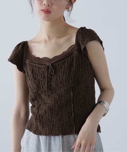 FREE'S MART（フリーズマート）の「◆レーストリムカットジャガードカットソー（Tシャツ/カットソー・レディース・ブラウン/ホワイト・FREE）」の2枚目の写真