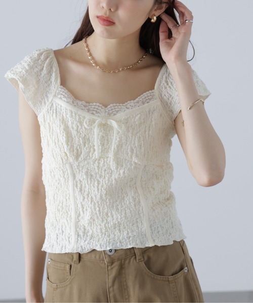 FREE'S MART（フリーズマート）の「◆レーストリムカットジャガードカットソー（Tシャツ/カットソー・レディース・ブラウン/ホワイト・FREE）」の3枚目の写真