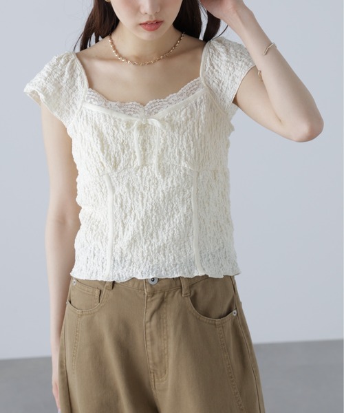 FREE'S MART（フリーズマート）の「◆レーストリムカットジャガードカットソー（Tシャツ/カットソー・レディース・ブラウン/ホワイト・FREE）」の4枚目の写真