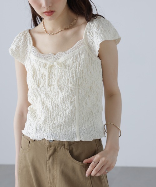 FREE'S MART（フリーズマート）の「◆レーストリムカットジャガードカットソー（Tシャツ/カットソー・レディース・ブラウン/ホワイト・FREE）」の8枚目の写真