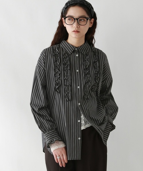 セール】フロントフリルストライプシャツ（シャツ/ブラウス