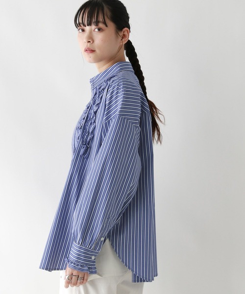 kale frill stripe shirt　ブルー 1枚で着映え！》フロントフリルレギュラーカラー半袖シャツ/le.coeur