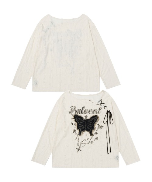 HOOK(フック)の「バタフライレースルーズロンT(Tシャツ/カットソー・レディース・ダークグレー/ベージュ・MEDIUM/SMALL)」の2枚目の写真