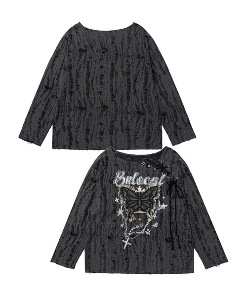 HOOK(フック)の「バタフライレースルーズロンT(Tシャツ/カットソー・レディース・ダークグレー/ベージュ・MEDIUM/SMALL)」の1枚目の写真
