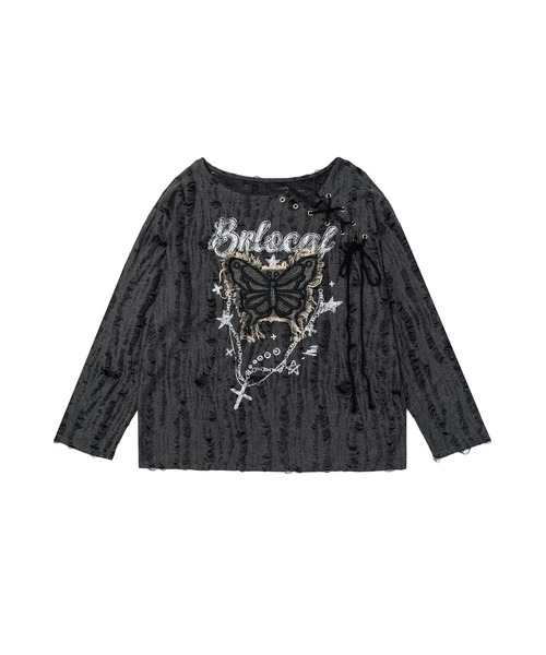 HOOK(フック)の「バタフライレースルーズロンT(Tシャツ/カットソー・レディース・ダークグレー/ベージュ・MEDIUM/SMALL)」の5枚目の写真