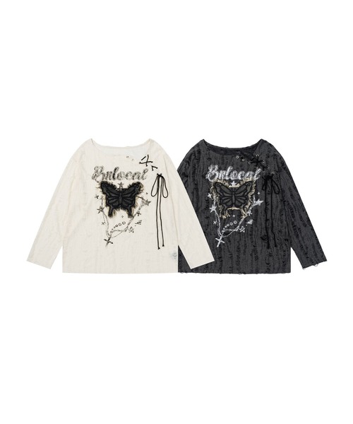 HOOK(フック)の「バタフライレースルーズロンT(Tシャツ/カットソー・レディース・ダークグレー/ベージュ・MEDIUM/SMALL)」の3枚目の写真