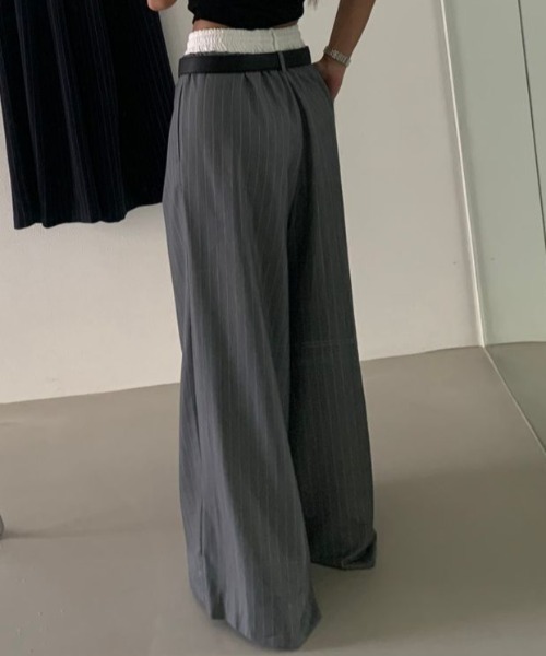 FAVORITO(ファヴォリート)の「ドローストリングパッチワークストライプ柄ワイドパンツ(その他パンツ・レディース・グレー/ネイビー・F)」の13枚目の写真