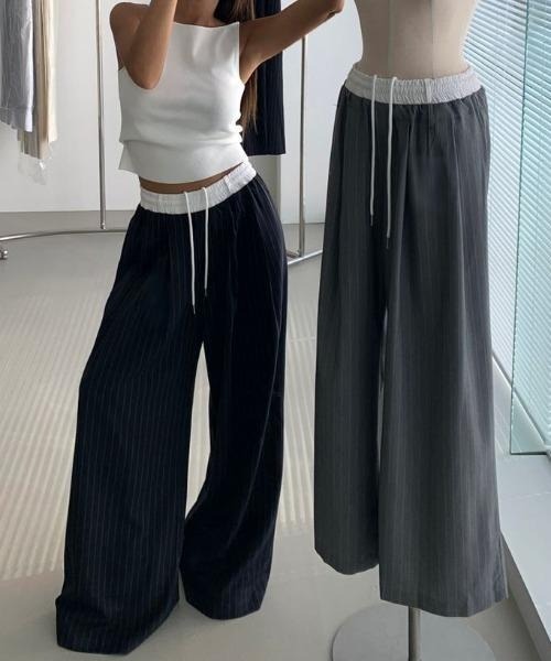 FAVORITO(ファヴォリート)の「ドローストリングパッチワークストライプ柄ワイドパンツ(その他パンツ・レディース・グレー/ネイビー・F)」の16枚目の写真