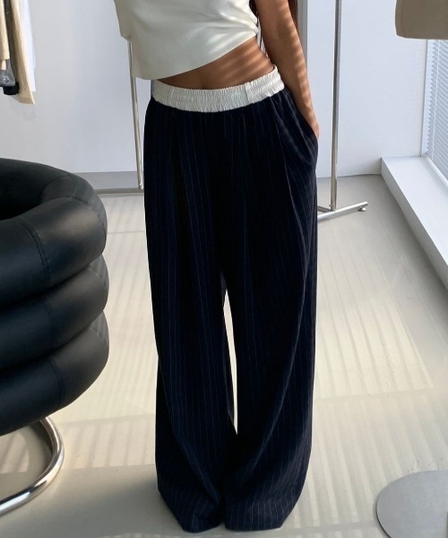 FAVORITO(ファヴォリート)の「ドローストリングパッチワークストライプ柄ワイドパンツ(その他パンツ・レディース・グレー/ネイビー・F)」の7枚目の写真