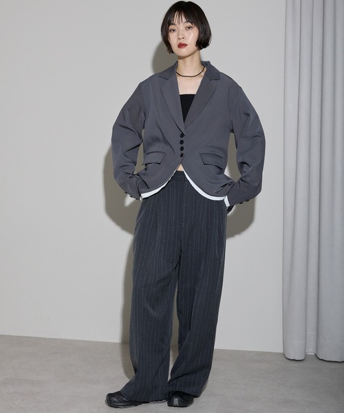 SA-RAH グレー テーラードジャケット 裾カーブレイヤード風オーバーサイズテーラードジャケット