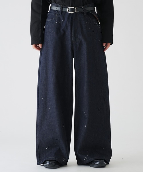 セール】RHINESTONE WIDE RIGID DENIM PANTS/ラインストーンワイド