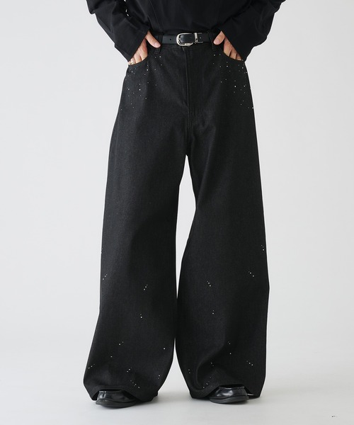 セール】RHINESTONE WIDE RIGID DENIM PANTS/ラインストーンワイド