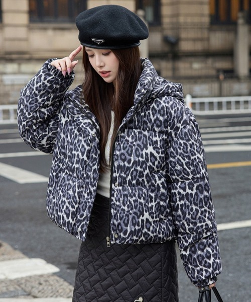 セール】ヒョウ柄 ショート丈 スタンドカラー エコダウンジャケット
