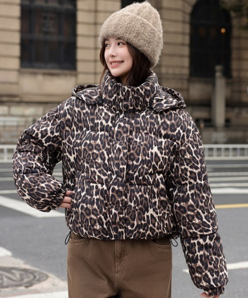 セール】ヒョウ柄 ショート丈 スタンドカラー エコダウンジャケット