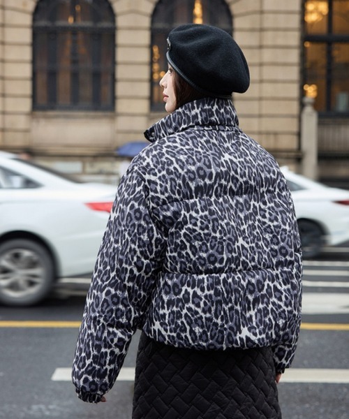 セール】ヒョウ柄 ショート丈 スタンドカラー エコダウンジャケット