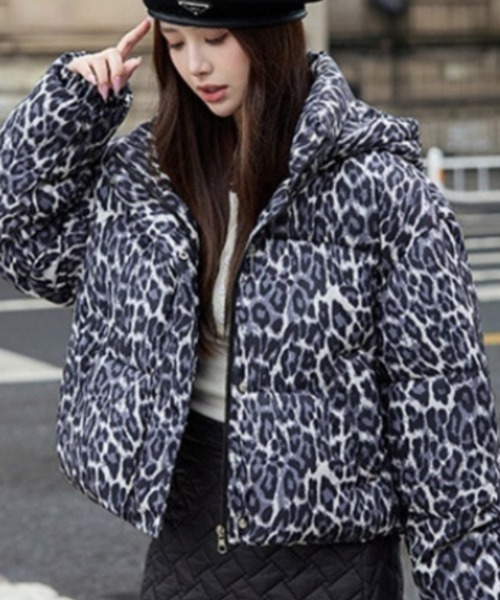 セール】ヒョウ柄 ショート丈 スタンドカラー エコダウン