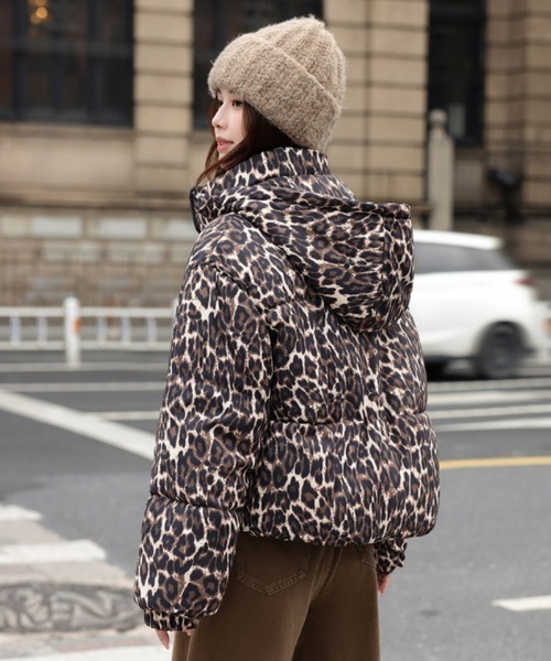 セール】ヒョウ柄 ショート丈 スタンドカラー エコダウンジャケット