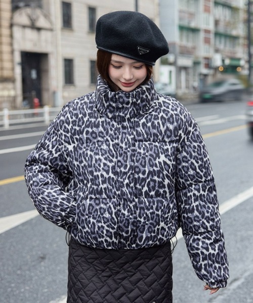 セール】ヒョウ柄 ショート丈 スタンドカラー エコダウンジャケット