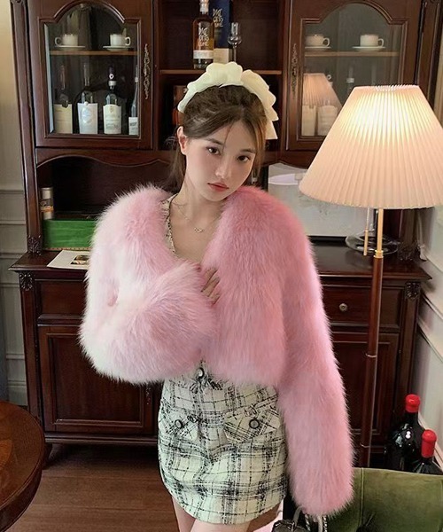 セール】ショートフェイクファージャケット（ノーカラージャケット