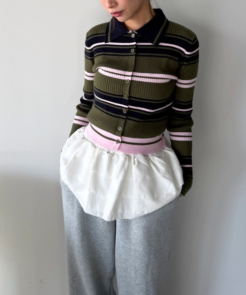 SANSeLF(サンセルフ)の「【SANSeLF】マルチボーダーニットトップス コンパクトシルエット saw25a050(ニット/セーター・レディース・ボルドー/カーキ・FREE)」の2枚目の写真